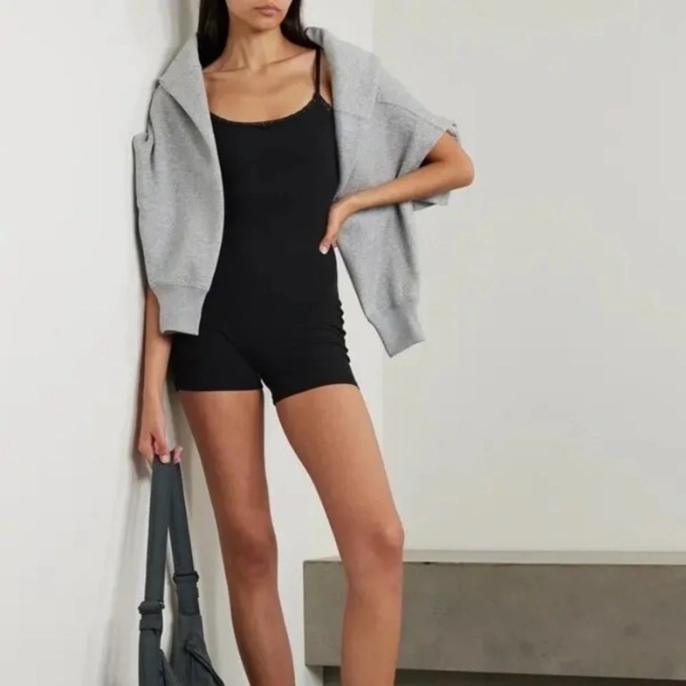 Skims Soft Lounge Lace Onesie Onyx Black Ribbed Bodysuit Romper Size Medium